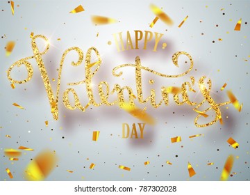 Happy valentines day gold handwritten text greeting card of Falling Shiny Confetti. Card with red heart pattern calligraphy text for greeting card on red background. Calligraphy lettering. Vector