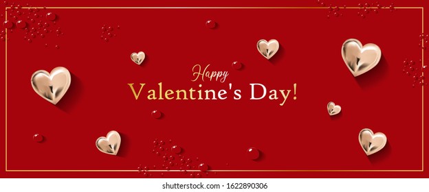 Happy Valentine's Day. Gold inscription on a red background. Metallic hearts. Horizontal banner in a minimalistic style. Lovers. The 14th of February. Greeting card. Vector illustration eps10