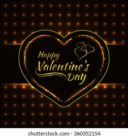 Happy Valentines day gold lights card, heart and text lights design on dark background