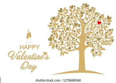 Happy Valentine's Day. Gold Love tree. Celebration white background with Valentine tree, heart, Two Glasses of champagne and place for your text. Horizontal Banner. Valentine's day background. Vector
