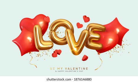 Happy Valentine's Day. Gold metallic text Love, realistic red balloons in the shape of heart and stars. Holiday gift card. Romantic background with 3d decorative objects. Vector illustration