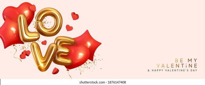 Happy Valentine's Day. Gold metallic text Love, realistic red balloons in the shape of heart and stars. Holiday gift card. Romantic background with 3d decorative objects. Vector illustration