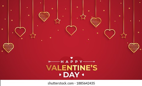 Feliz oro de San Valentín con fondo rojo. Vector. Postal romántica, tarjeta, invitación, plantilla de banner. 