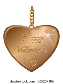 Happy Valentines Day. Gold pendant in the shape of heart with an greeting inscription.Golden heart on a gold chain isolated on white background. Golden heart for Valentine's Day. Vector illustration.