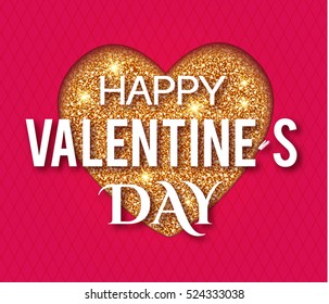 Happy Valentine's Day. Gold Shining Heart on Pink Background. Wedding Invitation Design Template. Vector illustration.