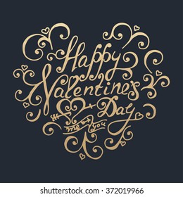 Happy Valentines day. Golden calligraphic floral lettering. Vector illustration