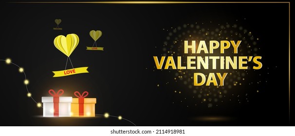 Happy Valentines Day golden effect and gift box lighting effect  Poster or banner template  vector illustration.