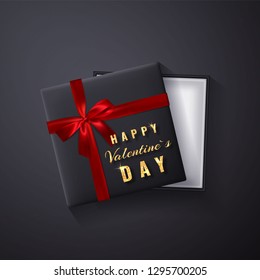 Happy Valentines Day Golden glitter sparkle. Gift box with bow and ribbon top view. Element for decoration gifts, greetings, holidays. Vector illustration.