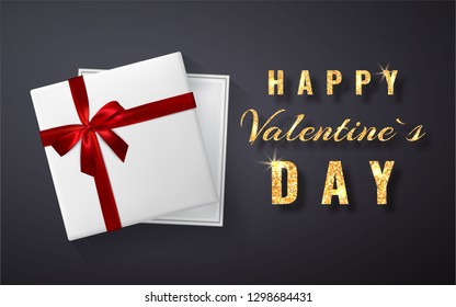 Happy Valentines Day Golden glitter sparkle. Gift box with bow and ribbon top view. Vector illustration.