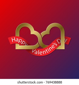 Happy Valentines Day golden symbol of two connected hearts with red ribbon. Creative emblem for greeting card design.