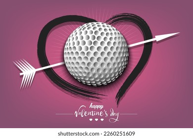Happy Valentines Day. Golf ball, arrow and heart. Design pattern on the golf theme for greeting card, logo, emblem, banner, poster, flyer, badges. Vector illustration