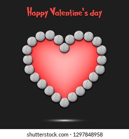 Happy Valentines Day. Golf balls laid out in the shape of the heart on isolated background. Design pattern for greeting card, banner, poster, flyer,  invitation party. Vector illustration