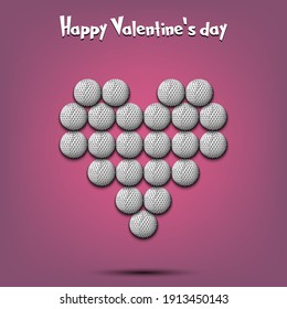 Happy Valentines Day. Golf balls located in the form of a heart. Design pattern on the golf theme for greeting card, logo, emblem, banner, poster, flyer, badges. Vector illustration