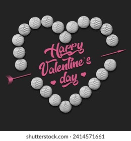 Happy Valentines Day. Golf balls laid out in the shape of the heart. Design pattern for greeting card, banner, poster, flyer, invitation party. Vector illustration on isolated background