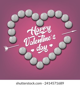 Happy Valentines Day. Golf balls laid out in the shape of the heart. Design pattern for greeting card, banner, poster, flyer, invitation party. Vector illustration on isolated background