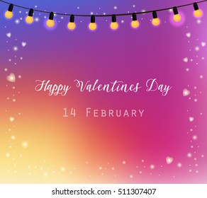 Happy Valentines day. Gradient background inspired by instagram new logo 2016. Valentines day February 14 poster design with garland lights,hearts,colorful texture like instagram. Vector illustraton. 