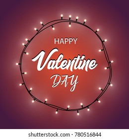 Happy Valentine's Day. Gradient  Background with Bright Lights Garland. Vector Illustration.