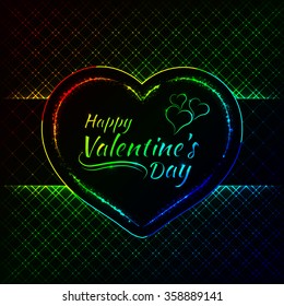 Happy Valentines day gradient lights card, heart and text lights design on dark background