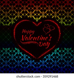 Happy Valentines day gradient lights card, heart and text lights design on dark background