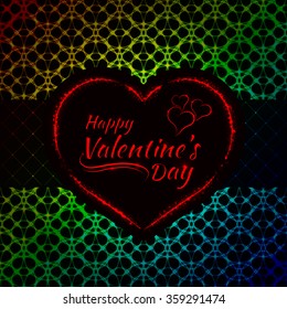 Happy Valentines day gradient lights card, heart and text lights design on dark background