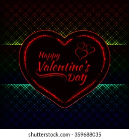 Happy Valentines day gradient lights card, heart and text lights design on dark background
