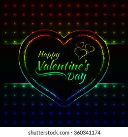 Happy Valentines day gradient lights card, heart and text lights design on dark background