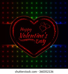 Happy Valentines day gradient lights card, heart and text lights design on dark background
