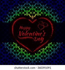 Happy Valentines day gradient lights card, heart and text lights design on dark background