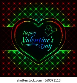 Happy Valentines day gradient lights card, heart and text lights design on dark background