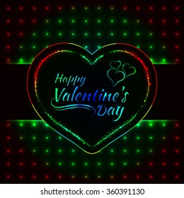 Happy Valentines day gradient lights card, heart and text lights design on dark background