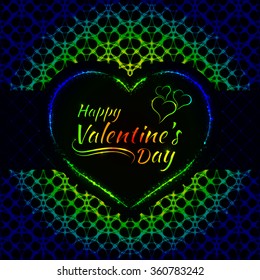 Happy Valentines day gradient lights card, heart and text lights design on dark background