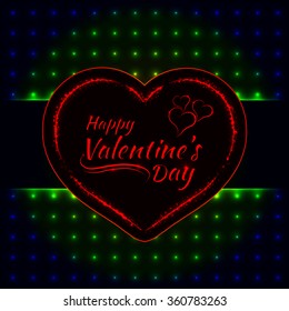 Happy Valentines day gradient lights card, heart and text lights design on dark background