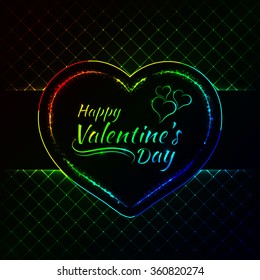 Happy Valentines day gradient lights card, heart and text lights design on dark background