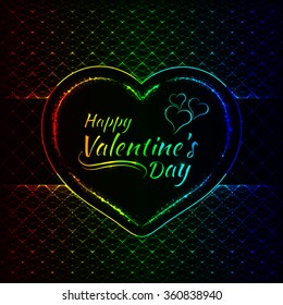 Happy Valentines day gradient lights card, heart and text lights design on dark background
