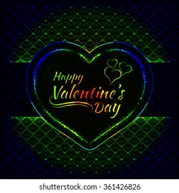 Happy Valentines day gradient lights card, heart and text lights design on dark background
