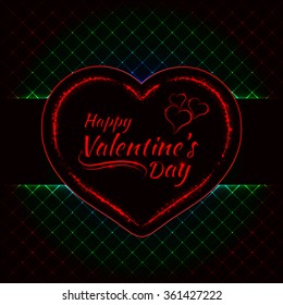 Happy Valentines day gradient lights card, heart and text lights design on dark background