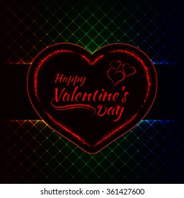 Happy Valentines day gradient lights card, heart and text lights design on dark background