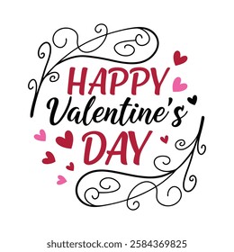 Happy Valentine's Day graphic design with hearts and swirls