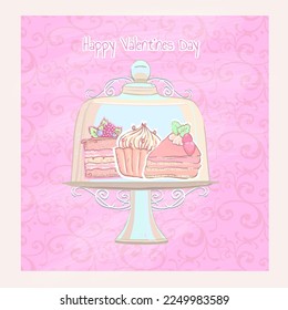 Happy Valentine's day graphic vector card with hand drawn cakes in cakes stand