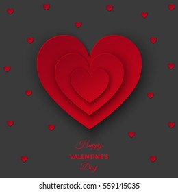 Happy Valentines day gray  background with red  cut paper hearts. Design elements. Vector  illustration for  party invitation  flyer, banners,  greeting postcard, save the date card templates.