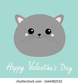 Happy Valentines Day. Gray cat round face head silhouette. Sad kitty kitten. Cute cartoon character. Pet adoption. Adopt me. Flat design style. Blue background. Isolated. Vector illustration