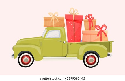 Feliz Día de San Valentín, camioneta verde con regalos rosas. Camión de camioneta de época que entrega regalos adecuados para el diseño de tarjetas, carteles, carteles, pancartas, volantes, impresos