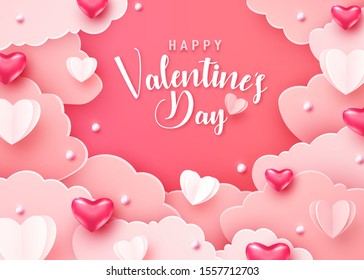 Happy valentines day greeting background in papercut realistic style. Paper clouds hearts and realistic pearls border frame. Banner party invitation, sale poster template. Calligraphy words text sign