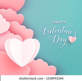 Happy Valentines Day Greeting Background In Papercut Realistic Style. Paper Clouds And Heart At Left Side. Poster Party Invitation Template. Calligraphy Words Text Sign On Copy Space.