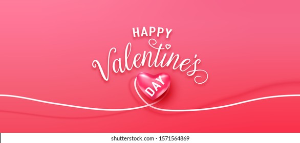 Happy valentines day greeting background in realistic style. Heart on white line the same shape. Pink banner party invitation template. Calligraphy words text sign on copy space