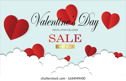 Happy valentines day greeting background in papercut style. Paper clouds. Vector symbols of love for Happy Valentines Day greeting card design.