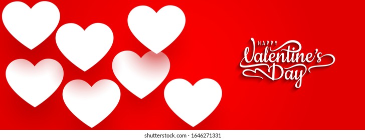 Happy Valentine's day greeting background. 3d white paper cut hearts with hand written romantic quote in red background. Vector illustration.