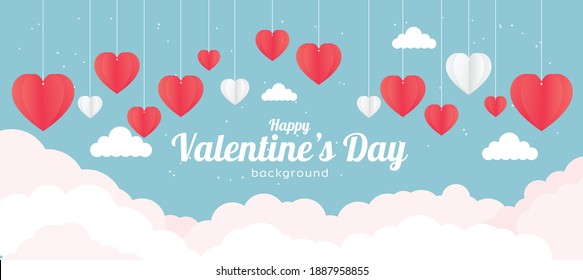 Happy valentines day greeting background in beautiful paper style A heart hanging on a rope Pink banner template Calligraphic words, text marks on the copy space.