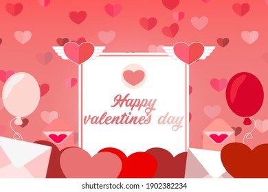 Happy valentines day greeting background in papercut style. Paper clouds hearts and pearls border frame. Banner party invitation, sale poster template. Calligraphy words text sign
