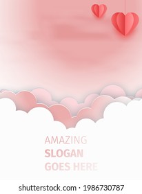 Happy valentines day greeting background in papercut realistic style. Paper clouds, flying realistic heart on string. Pink banner party invitation template. Calligraphy words text sign on copy space.
